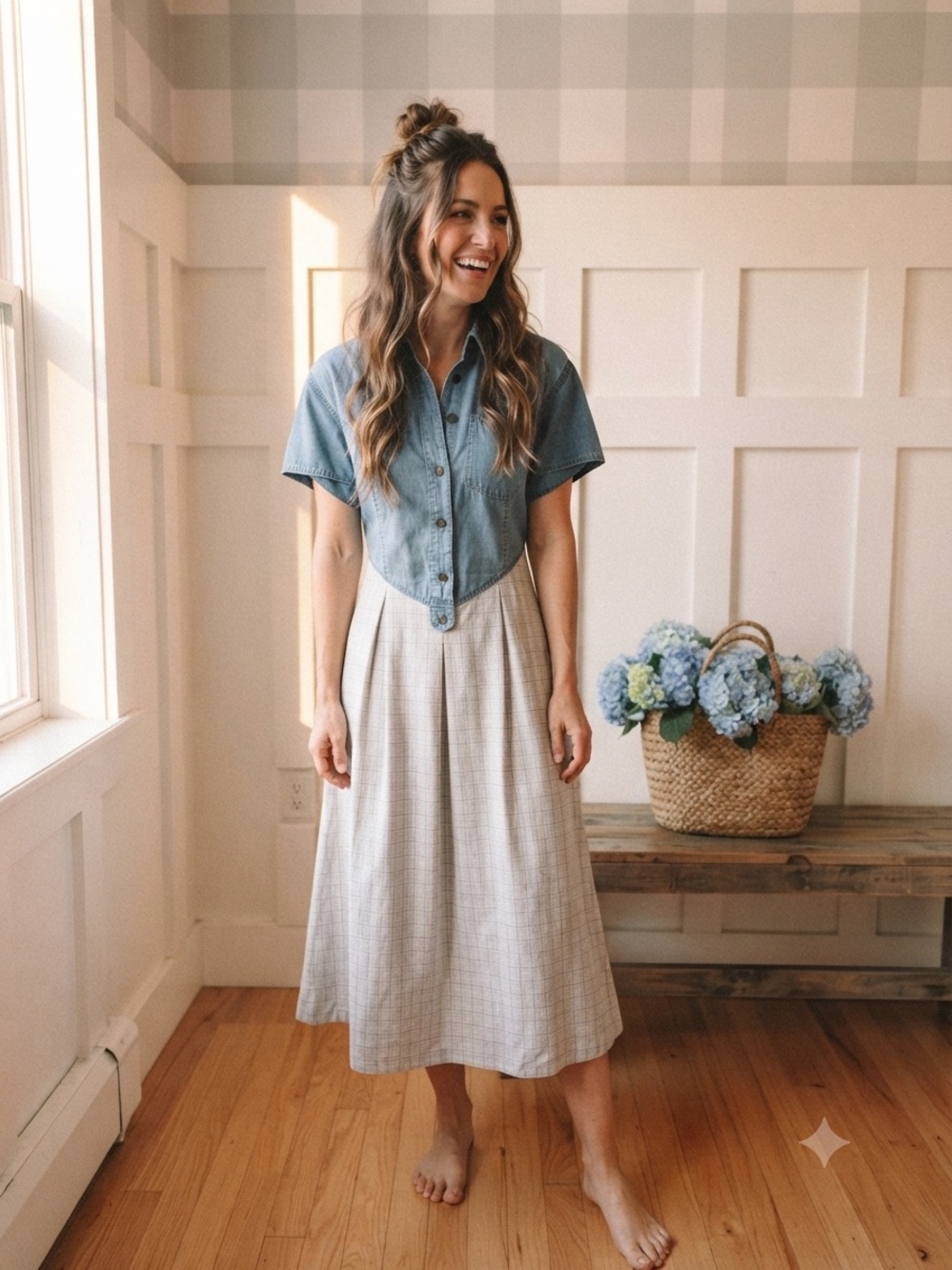 Liz Claiborne Vintage Western Blue Denim Bodice with Plaid Midi Skirt Large